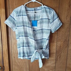 Untaggable Womens Blue White Striped Wrap Top Tie Front Short Sleeve Size M NWT